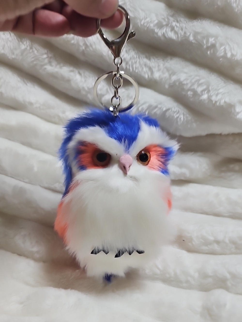 Blue & Peach Faux Fur Owl Keychain Plush. New No Tag